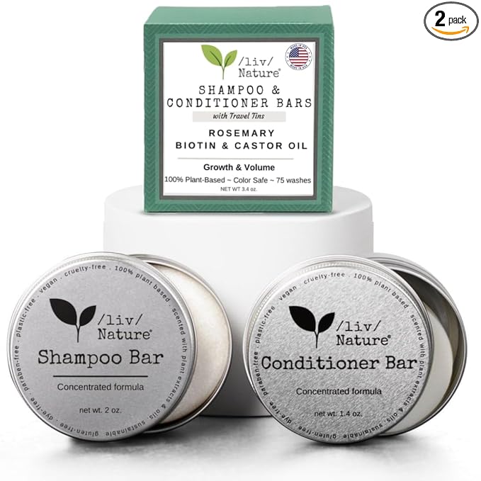 Shampoo Bar and Conditioner with Travel Tins | Rosemary, Biotin, Castor Oil | Growth, Volume, Thickening | For Thinning Hair | USA 2-pk