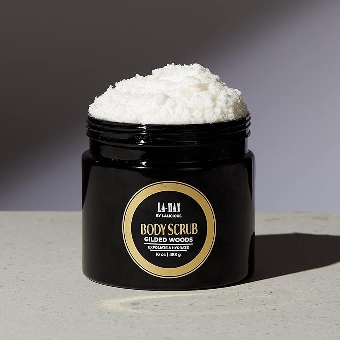 LALICIOUS Gilded Woods LA-MAN Body Scrub | Exfoliating Sugar Scrub for Men | Body Exfoliator for Dead Skin & Optimal Hydration | Pure Cane Sugar + Coconut Oil | Large 16oz