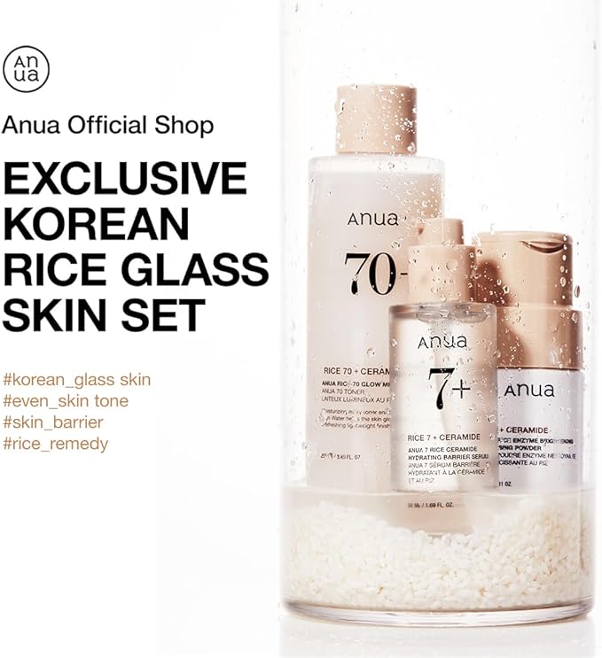 Anua Rice Skin Care Set – Rice Cleansing Powder Face Wash, Korean Milky Toner & Hydrating Serum with Ceramide, Hyaluronic Acid, Brightening for a Glass Skin Look, Non-Comedogenic, Korean Skincare