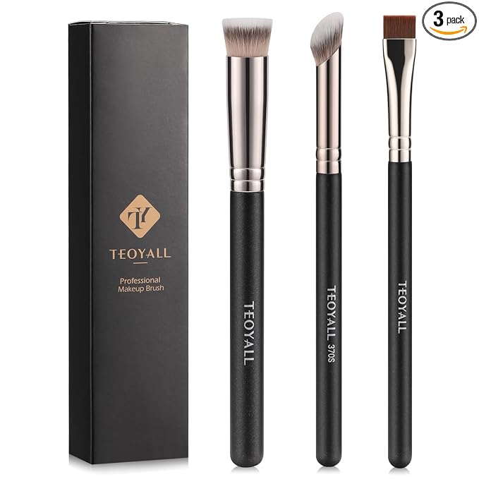 TEOYALL Concealer Brush Set, Flat Top Blush Brush, Angled Nose Contour Brush Ultra-Thin Eyeliner Eyebrow Brush for Flawless Finish (370S/Flat Top/Thin Flat)