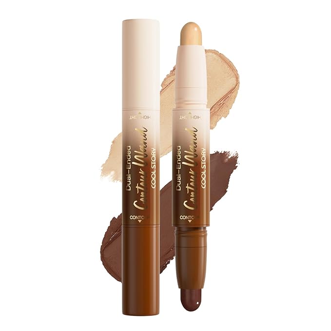 Dual Ended Contour Stick, Nude Brown + Nude Cream Concealer Highlighter, Waterproof No Transfer Long-Lasting 2-in-1 Face Contour Bronzer Stick for Daily Makeup 24#