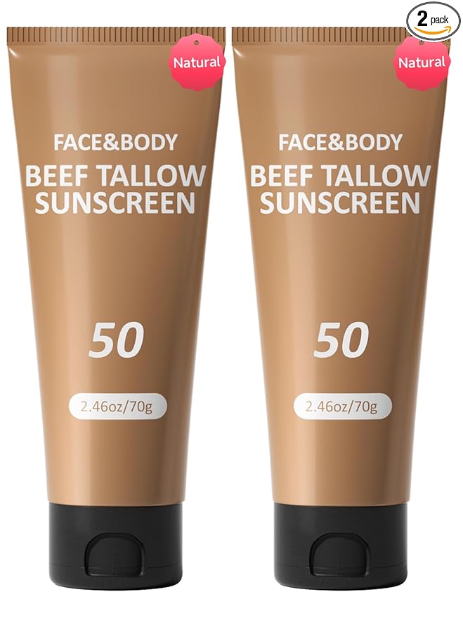 Beef Tallow Sunscreen, Sunscreen for Face, Natural Reef Safe Sunblock for Face Body, Non Greasy Clean Travel Sun Screen Sunblock for Sunmmer Outdoor Travel, 2 Packs