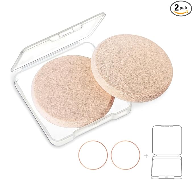 OWLFAVO 2pcs Round Makeup Sponges with 1 Travel Case, Beauty Face Primer Compact Powder Puff, Blender Sponge Replacement for Cosmetic Flawless Foundation, Sensitive and All Skin Types