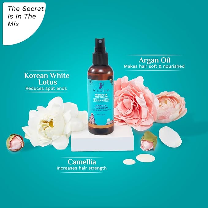 Pilgrim Argan Oil Hair Serum with Camellia & White Lotus | Lightweight Leave-In Serum for Frizz Control, Smooth Shine & Soft Hair | For All Hair Types | 3.38 Fl Oz (100ml)