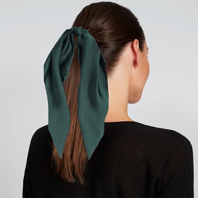 Pack of 2 Knotted Bow Hair Scrunchies Elastic Hair Scarf Black Hair Ties Bands Satin Hair Ribbon Scrunchy Red Ponytail Holder for Women and Girls (Dark green)