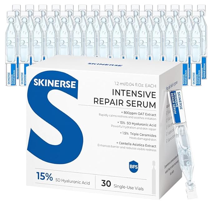 Intensive Repair Serum, 15%Hyaluronic Acid for Sensitive Skin Anti Aging Ultra Hydrating Serum for Face Calming Barrier Repair Redness Relief with Ceramides Centella 30Vials Daily Travel Care
