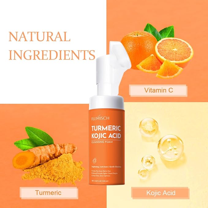 FluMisch Turmeric Kojic Acid Facial Cleanser, Brightening Foaming Face Wash with Soft Massage Heads, Kojic Acid Cleanser Exfoliating, Turmeric Cleansing for Dark Spots 4.23 oz