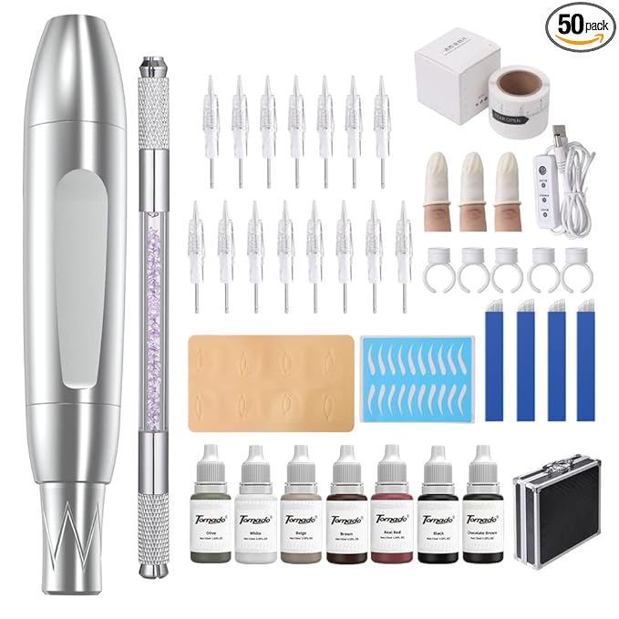 Charme Princesse Permanent Makeup Machine Tattoo Kit with Manual Pen Eyeliner Eyebrow Ruler Practice Skin Ring Cup Eyeliner Tattoo Supplies Pigments for Eyebrows EK516