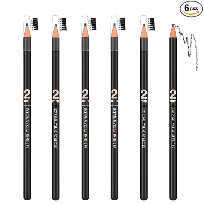 6pcs 2mm Ultra-Thin Eyebrow Pencil with Brush Waterproof Long-Lasting Slim Eyebrow Pencil Peel off Microblading Mapping Pencils (#01 Black)