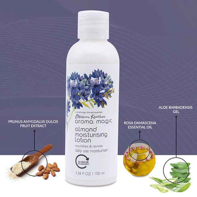 Aroma Magic Almond Moisturising Lotion for Dry Skin | Daily Face & Body Moisturizer with Almond Fruit & Lotus Leaf | Softens, Revives, Rejuvenates | 3.38 Fl Oz (100ml)