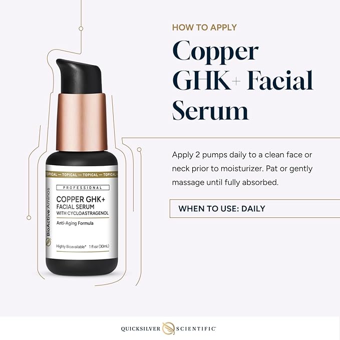 Quicksilver Scientific Copper GHK+ Facial Serum with Cycloastragenol - Copper Peptide Serum for Healthy Skin Support - Smooth Complexion & Glow - Gluten-Free, Vegan & Non-GMO - 1 fl oz
