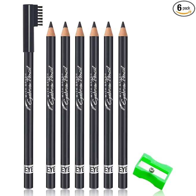 6Pcs Eyebrow Pencils for Women, Wooden Hard-Core Eyebrow and Eyeliner Pencil, Long Lasting Waterproof and Sweat-Proof, Beginner Makeup Brow Pencil With Eyebrow Brush and Pencil Sharpener (Grey, 6Pcs)