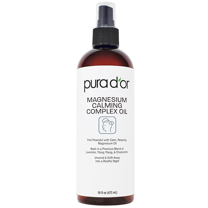PURA D'OR Magnesium Calming Complex Oil Spray, 16 Oz, Topical Magnesium Chloride Mist with Aloe Vera, Lavender, Chamomile, Ylang Ylang, Lightweight Water-Based Body Care Formula, Vegan, Non-Greasy