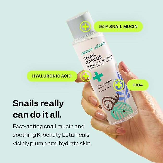 Peach Slices - Snail Rescue Blemish Busting Toner (4.05 oz) - 95% Snail Mucin Concentrate - Clarify, Strengthen, Balance - Hyaluronic Acid & CICA - Clean & Cruelty Free - Korean Skin Care & Beauty