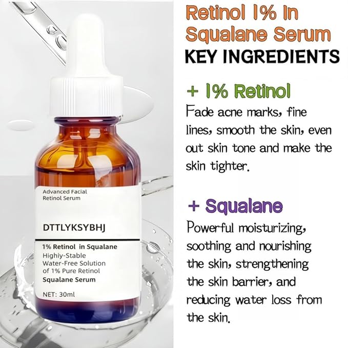 1% Pure Retinol Serum with Squalane Base - Gentle Anti-Aging Facial | Targets Wrinkles, Fine Lines & Uneven Texture | Soothes While Firming for Smooth Youthful Complexion - 30ml