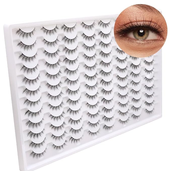 Azenlo False Eyelashes 48 Pairs Faux Mink Lashes 14mm Wispy Lashes 3D Fluffy Cat Eye Lashes Pack Bulk Wholesale Strip Lashes(style 48-038)