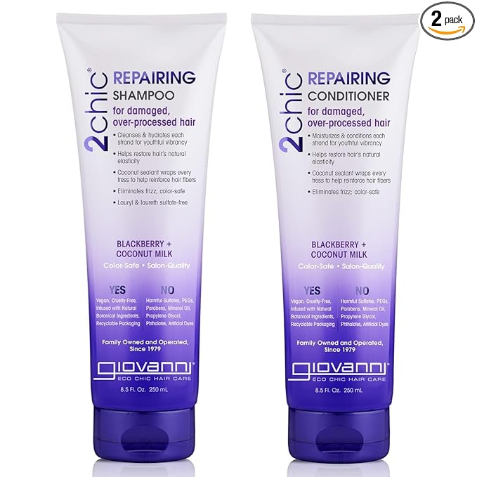 GIOVANNI 2chic Ultra-Repairing Shampoo & Conditioner Set - Bond Repair for Over-Processed Hair, Helps Restore Natural Elasticity, Blackberry & Coconut Oil, Shea Butter, Color Safe - 8.5 oz Each
