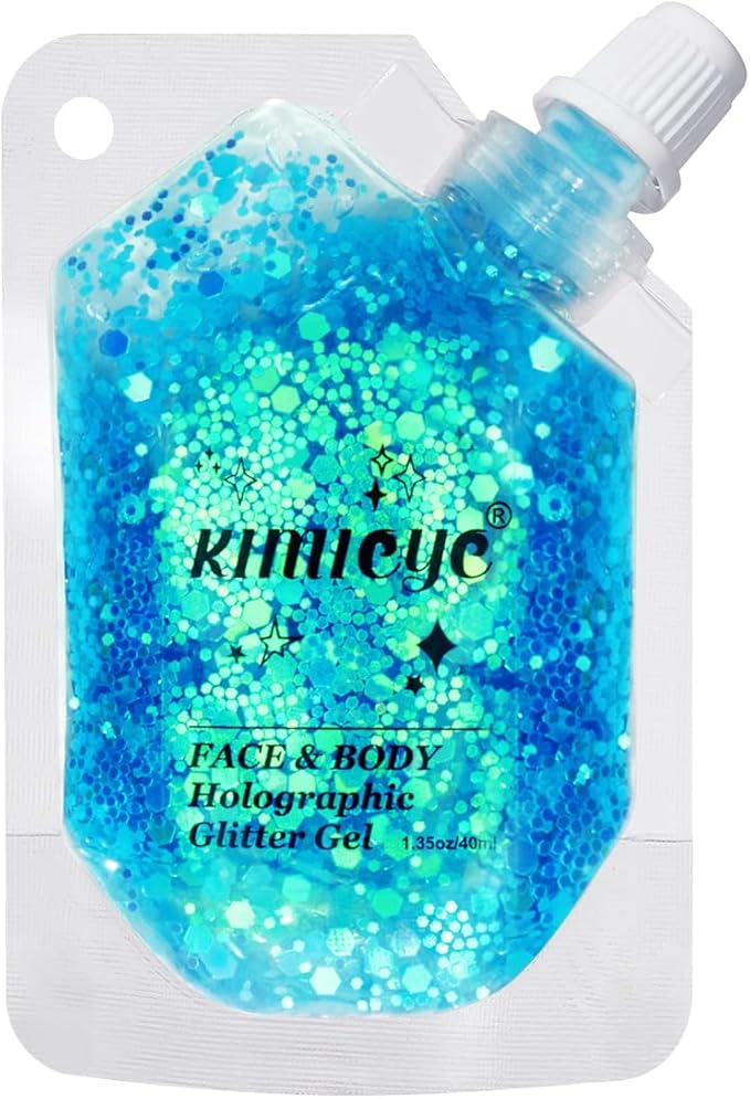 Face Body Glitter Gel Shimmer Makeup for Hair Clavicle Arm Nail Eyeshadow, Long Lasting Waterproof Holographic Mermaid Sequins for Outfit Rave Festival Party, 1.35oz, Luminous Blue