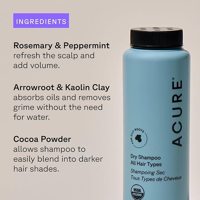 Acure Dry Shampoo - Mini Powder Dry Shampoo for Women with Blonde & Dark Hair, Care to Refresh Treated Color Tinted Hair with Rosemary & Peppermint, Non Aerosol, Vegan - 1.7 oz Travel Size (2 Pack)