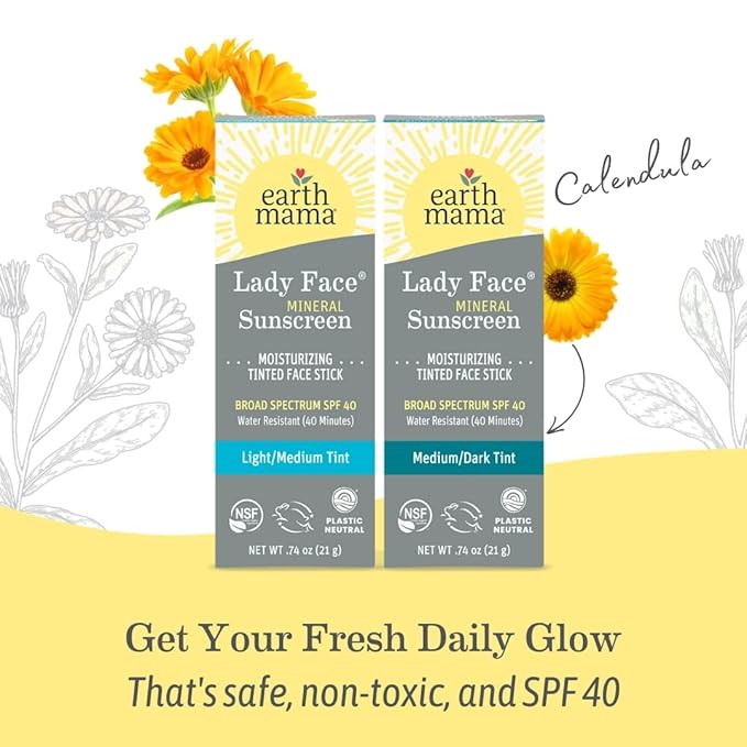 Earth Mama Lady Face Tinted Mineral Sunscreen Stick SPF 40-0.74 oz - Light/Medium Tint - Non-Nano Zinc - Broad Spectrum Face Sunscreen - Blends with Most Skin Tones