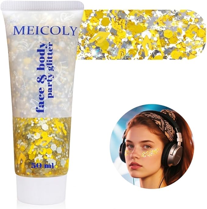 MEICOLY Face Glitter Makeup for Music Festival,Country Concert Outfits for Women, Holographic Gold Silver Purple Body Glitter,Halloween Party Accessories Self-Adhesive Glitter Face Paint,50ml