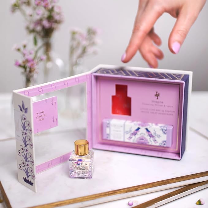 LOLLIA Imagine Fragrance Story Gift Set – .16 fl. oz. Eau de Parfum & .33 oz. Petite Treat Handcreme – Flowering Willow & Lotus – Hand Cream for Women, Travel Size Perfume, Hand Lotion for Dry Hands