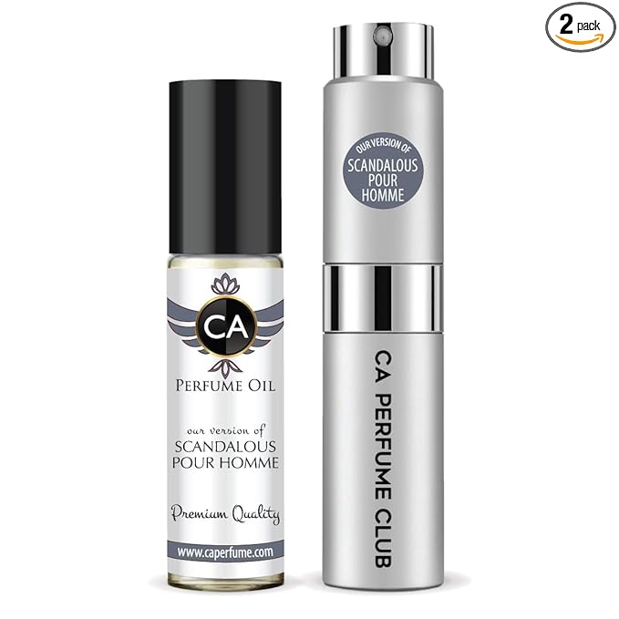 CA Perfume Duo Impression of Scandalous Pour Homme For Men Perfume Layering Set Mens Cologne Long Lasting Travel Size EDP + Body Oil Roll-On Bottle 0.27 Fl Oz+0.33 Fl Oz