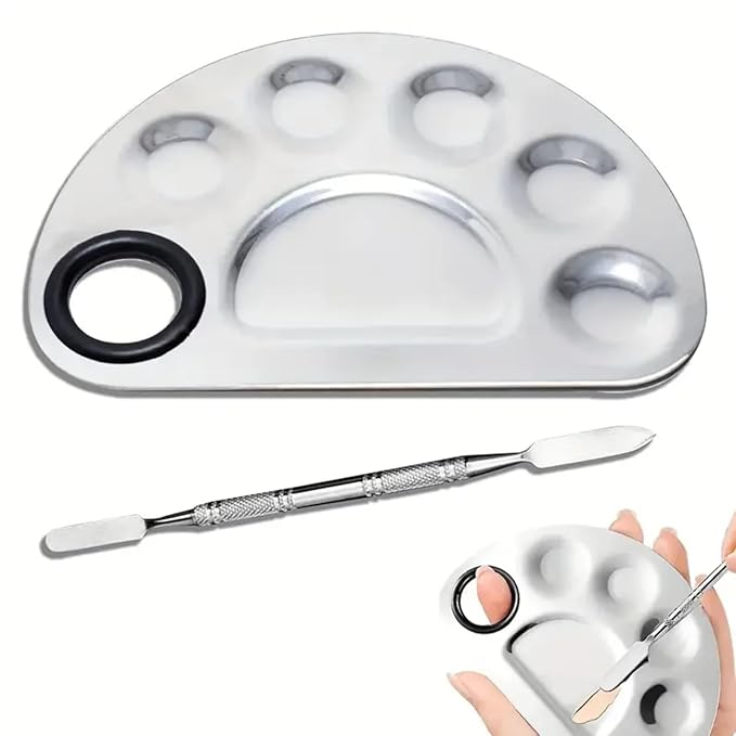1Set of Semicircle 6-Dents Steel Nail Polish Cosmetic Makeup Blending Color Palette with Spatula, Painting Plate with Rod for Beauty Nail Art Salon Tool (Semi-circle six concave color palette)