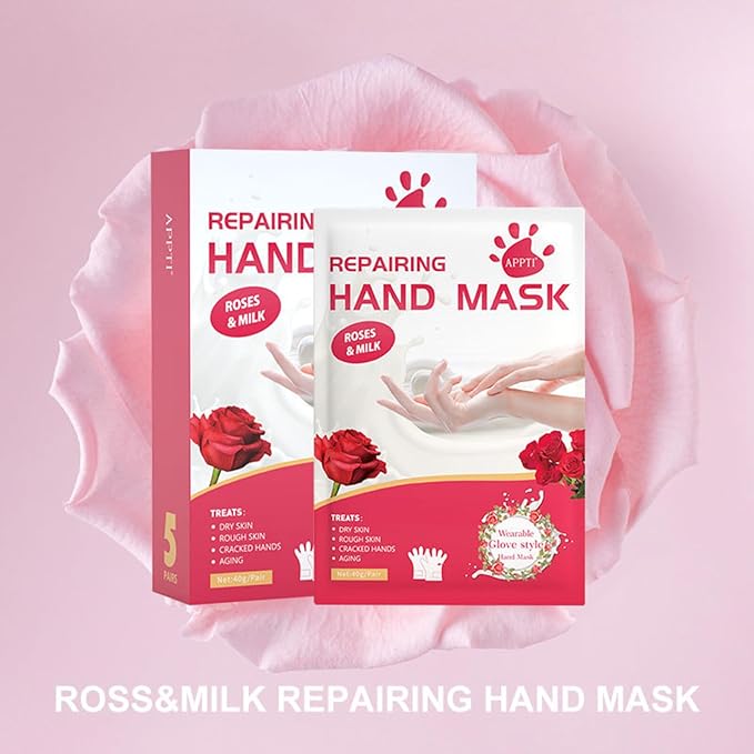 VolksRose 5 Pairs Hand Mask Gloves with Rose & Milk - Moisturizing Hand Mask for Dry Cracked Hands Overnight Repair Treatment, Intensive Hydration Spa Gloves for Women, Self Care Gifts for Rough Skin