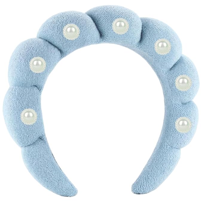 Spa Headbands Puffy Makeup Skincare Headbands for Washing Face or Facial, Terry Cloth Fabric Hairbands for Makeup Removal Shower Skin Treatment(Light Blue, Pearl)