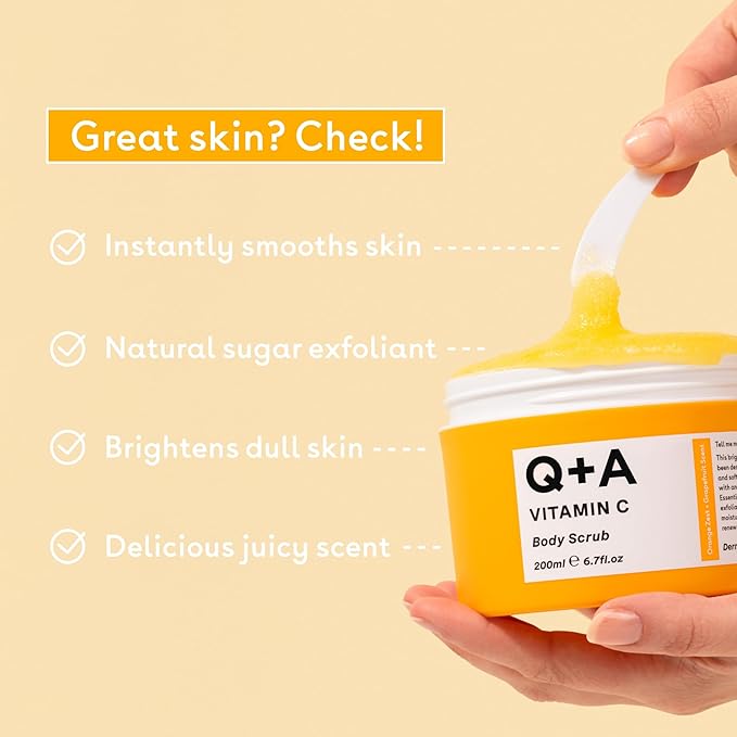 Q+A Vitamin C Body Scrub (200ml), Exfoliating Body Scrub, Brightening and Hydrating Sugar Scrub with Citrus Essential Oils, Vitamin C and Evening Primrose Oil