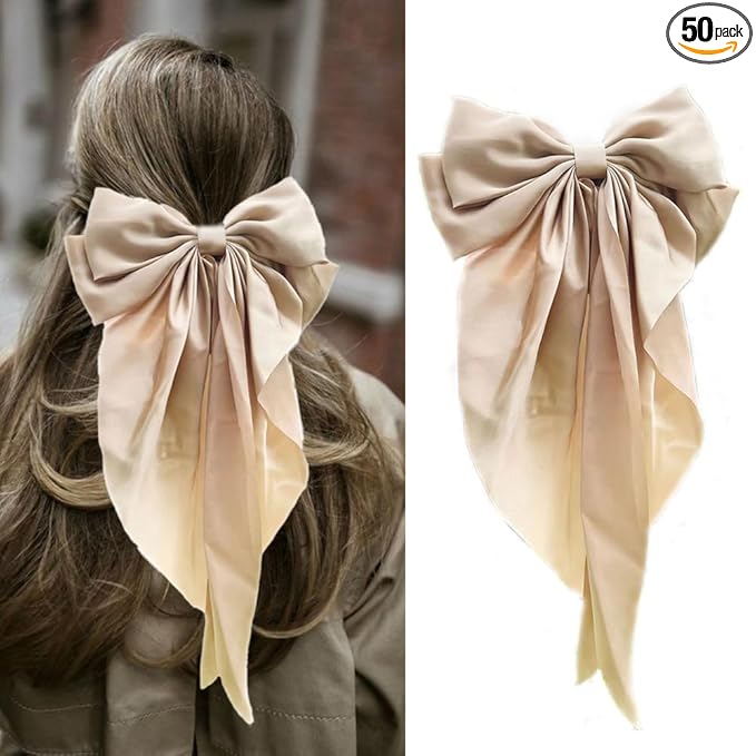 Silky Satin Oversized Long-tail Bow Clip, Large champagne color Hair Bow for Women Girl, Hair Accessories with Long Tail, 1Pcs(champagne color)