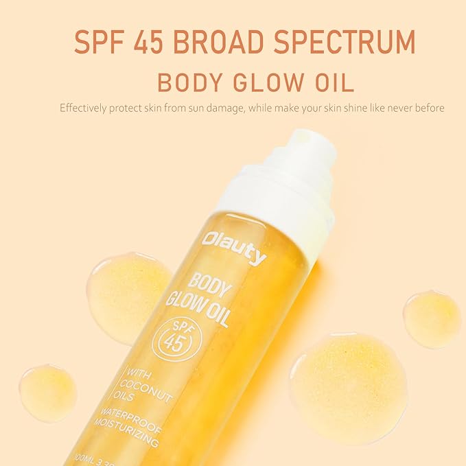 Sunscreen Body Oil SPF45 Body Glow Oil Moisturizer Serum with Coconut Oil for Dry Skin Nourishing Glowing Skin Care Body Shimmer Oils for Face & Boay,Lightweight, Non-Greasy