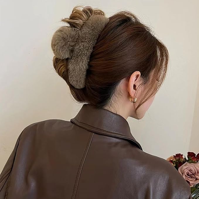 YOYLMAL Large Faux Fur Hair Claw Clip for Women, 5.1 Inches Winter Fluffy Fuzzy Hair Clips, Nonslip Strong Hold Furry Big Jaw Clamp for Thick Long Hair (Coffee)