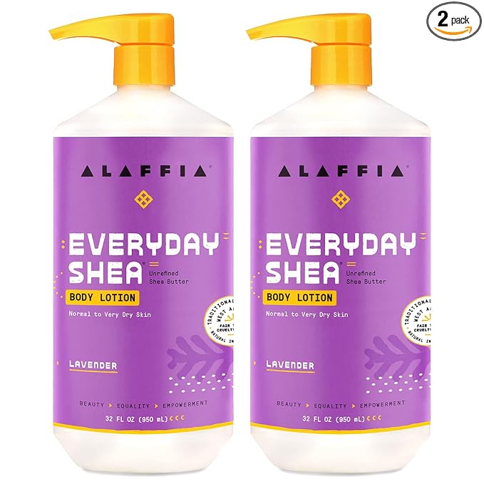 Alaffia Everyday Shea Body Lotion - Normal to Very Dry Skin, Moisturizing Support for Hydrated, Soft, and Supple Skin with Shea Butter and Lemongrass, Fair Trade, Lavender, 2 Pack - 32 Fl Oz Ea