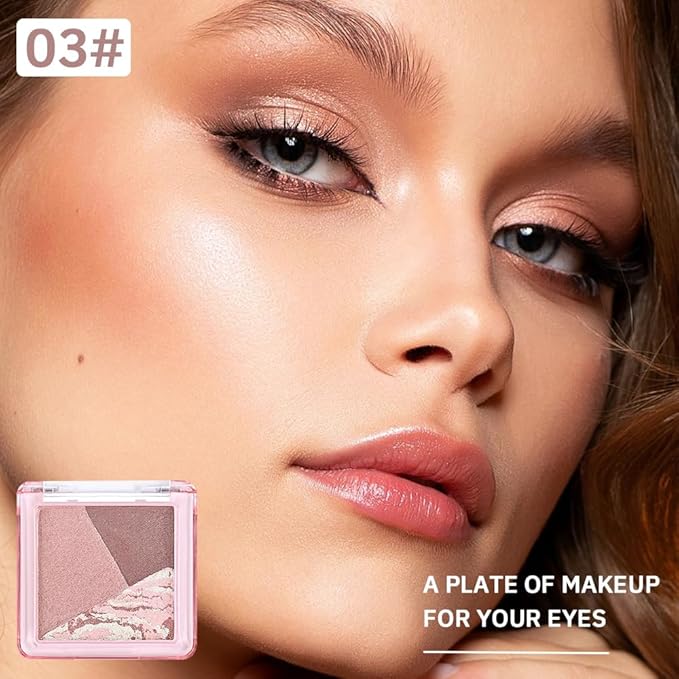 Rose Brown Shimmer Baked Eyeshadow Palette, 3 Color High Pigment Blendable Eye Shadow Makeup for Older Women, Travel Mini Palette Suitable for All Eye Shapes, Vegan Cruelty-Free Romantic Look 03#