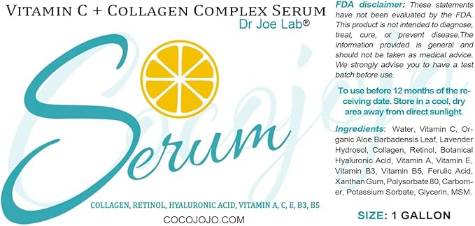 Dr Joe Lab Vitamin C & Collagen Complex Serum Bulk - Face Skin Ultra Hydrating Rejuvenating Instant Moisturizer - COCOJOJO (128 oz/ 1 gallon)