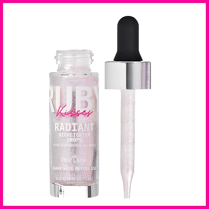 Ruby Kisses Radiant Drops, Shimmer Liquid Highlighter Makeup, Smooth Illuminator for Face Body, Natural Glow Dewiness Glitter for Skin (Unicorn)