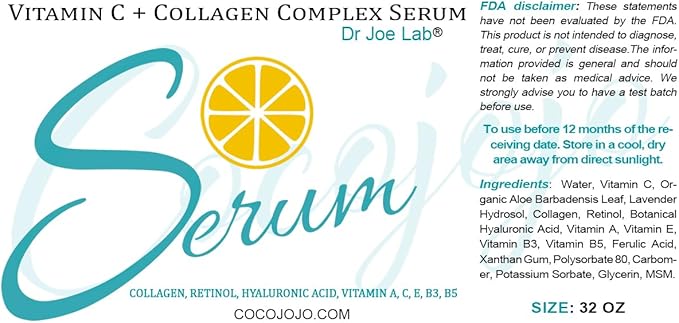 Dr Joe Lab Vitamin C & Collagen Complex Serum Bulk - Multiple Purposes Ultra Hydrating Rejuvenating Instant Moisturizer COCOJOJO (32 oz)
