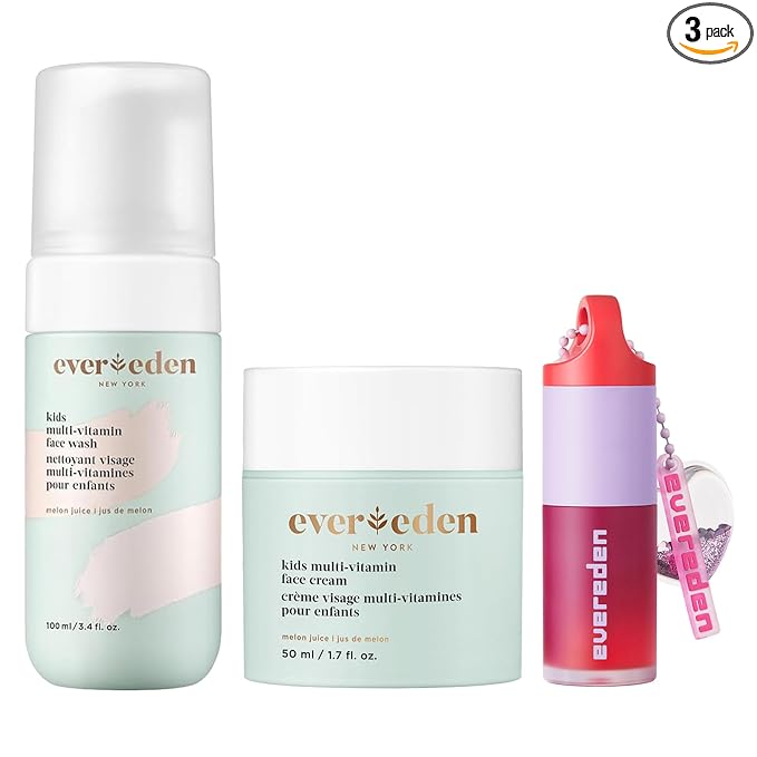 Evereden Happy Kids Skin & Lips Routine - Multi-Vitamin Face Wash & Face Cream Melon & Tinted Lip Oil Ruby Red Set - Clean & Vegan Skin Care for Kids 3+ - Moisturizing, Nourishing, & Protective