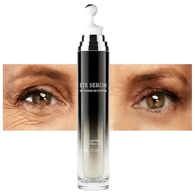 Eye Cream 360°Massage Roller, Caffeine and Under Eye Serum Roller for Dark Circles Puffiness Bags- Retinol, Peptides Reduce Wrinkles Fine Lines, Brightens, Formula Upgraded, 0.76fl oz