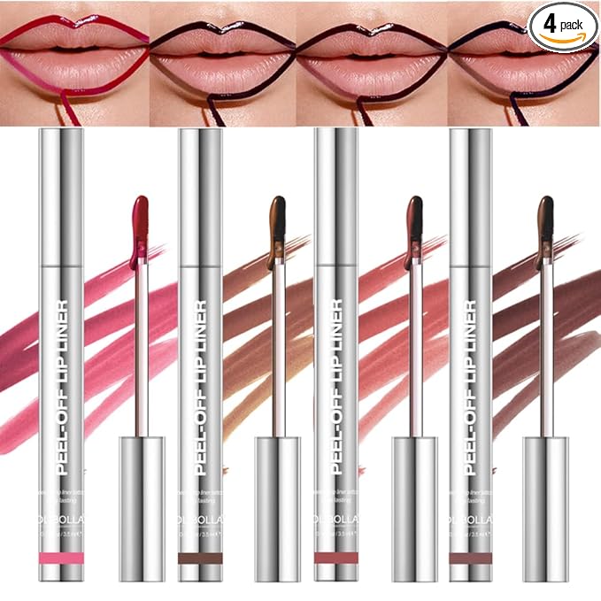 BANGFENG 4Pcs Peel Off Lip Liner Stain Set - Long-Lasting, Smudge-Proof, Waterproof Nude Matte Lip Tint, Non-Fading Peel Off Lip Color, Effortless Precision & Full Coverage, 24H Color Hold