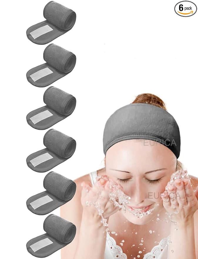 EUICAE Hair Wrap Headband, 6 Pack Non-slip Stretchable Washable Makeup Headband for Face Wash Facial Treatment Sport Fits All, Thicker Soft Terry Cloth Absorbs Liquid Quickly, Gray