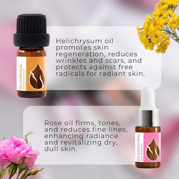 Set Luxury Organic Essential Oils | Helichrysum (5ml) + Rose (3ml) | 100% Pure and Natural | Undiluted | Therapeutic Grade | Family-Owned Farm | Steam-Distilled | Non-GMO | 2 pcs