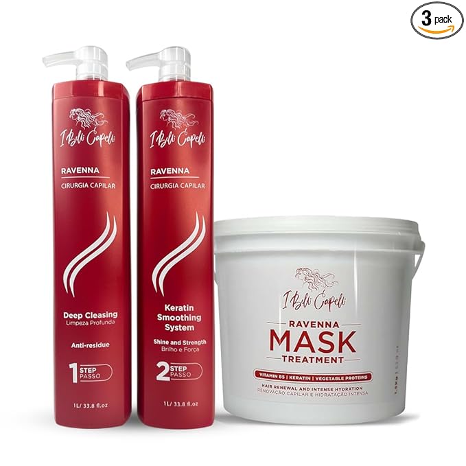 Ravenna Cirugia Capillar Kit - Shampoo + Hair Surgery System (1 Kg/35.2 fl oz) Formaldehyde-Free + Hair Mask for Damaged Hair (1,5 Kg/52.9 fl oz) - Straightening & Moisture for All Hair Types (3 Pack)