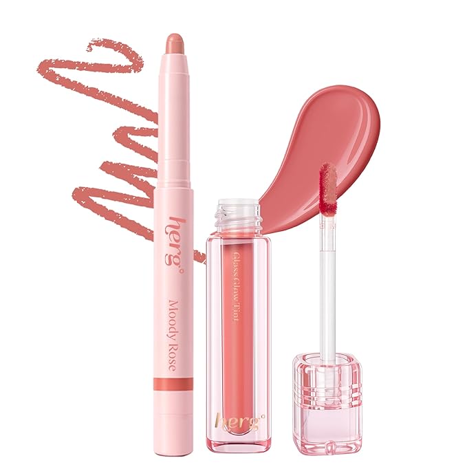 Epielle x herg Over Lip Glow Duo Lip Liner & Lip Tint, Soft Sculpting and Non-Sticky Glass Shine Korean Lip Liner Set, Moody Rose & Rosy Dusk