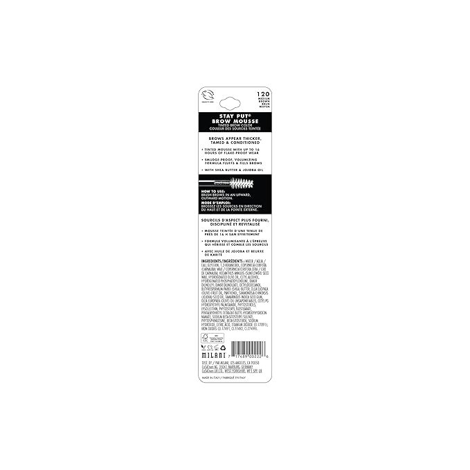 Milani Brow Tint- Stay Put Tinted Brow Mousse, Nourishing, High-Pigment infused with Shea Butter, Jojoba Seed Oil & Panthenol Vitamin B5 - Medium Brown