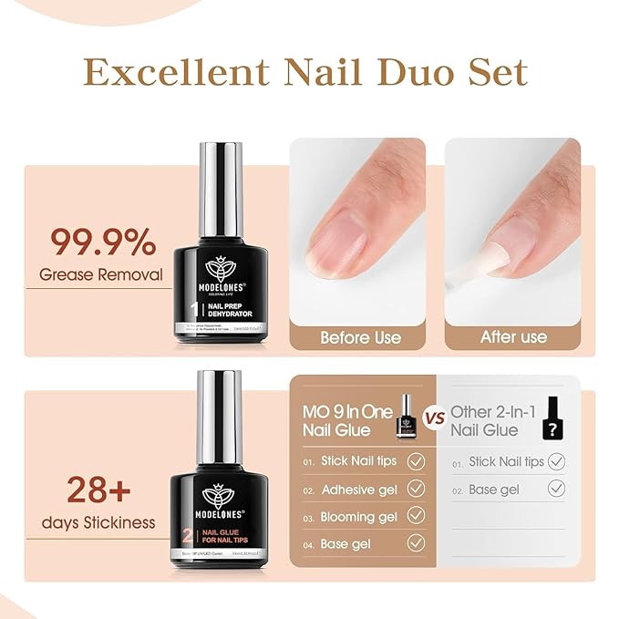 modelones 9 in One X Gel Nail Glue Prep Dehydrator for Nail Tips, Acrylic & False Press On Nails, Blooming Gel Adhesive Bond Base Coat Long Lasting Need U V DIY Home Salon Manicure Gift For Women