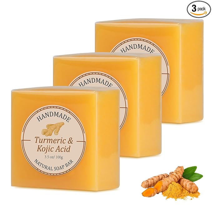 Kojic Acid Soap, Turmeric Soap Bar for Dark Spots, Brightening Face & Body Wash with Vitamin C, Tea Tree Oil & Shea Butter, Acne Scars, Hyperpigmentation & Even Skin Tone, 3 Pack