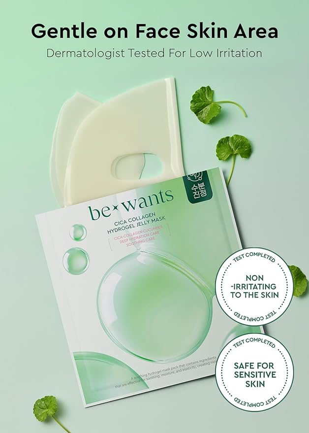 bewants Cica Collagen Hydrogel Jelly Mask with Centella Asiatica, Aloe Vera, Cucumber Extract – Moisturizing Face Sheet for Soothing, Firming, and Radiance (4 Packs)